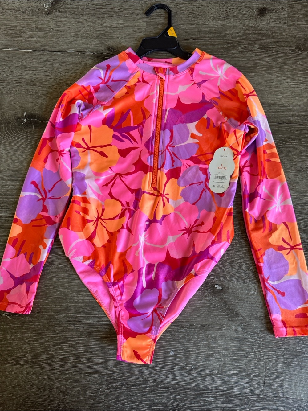 Kids Long-Sleeve Floral Rash Guard Swimsuit - Pink & Orange